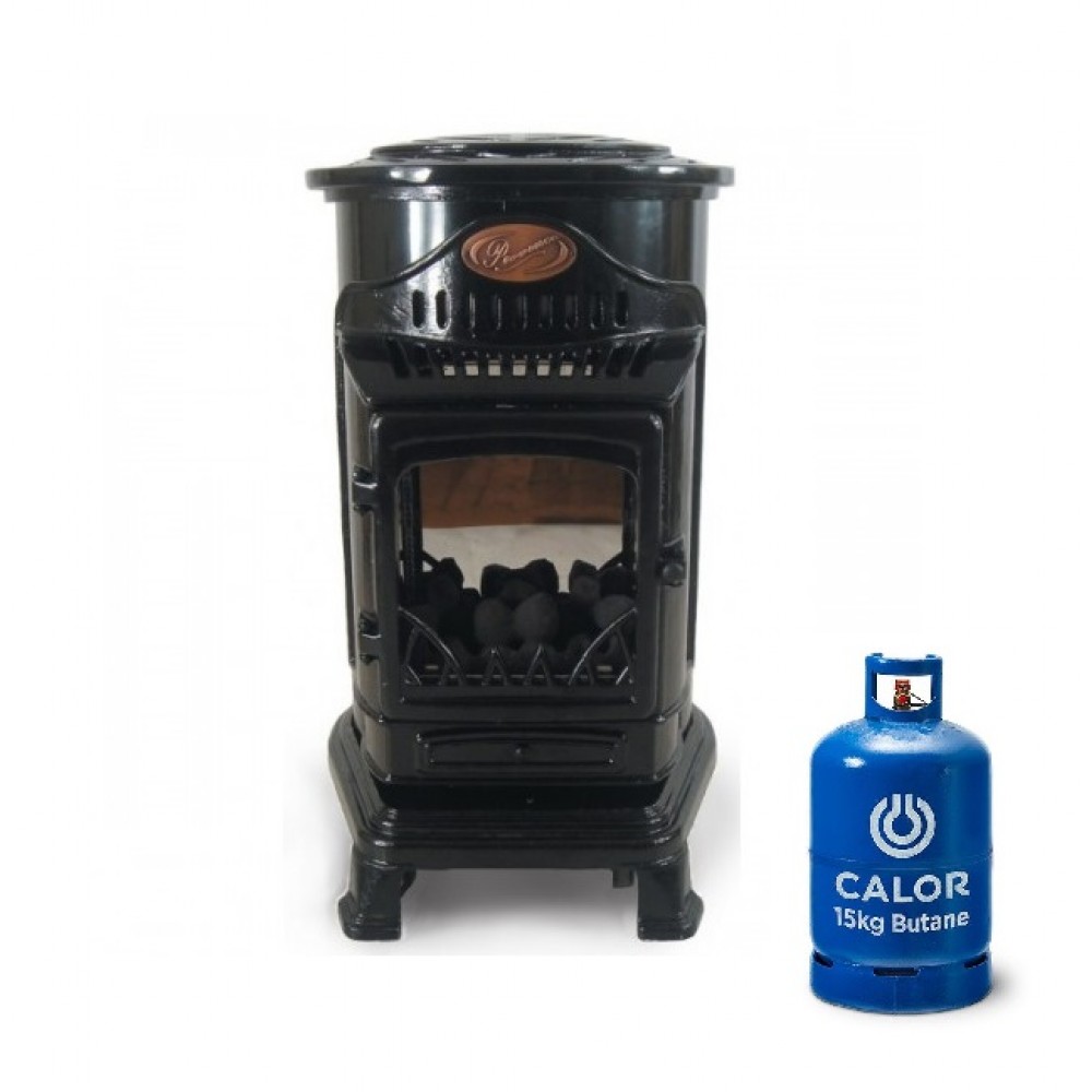 Provence Portable Real Flame Gas Heater Gloss Black + 15kg Gas Bottle